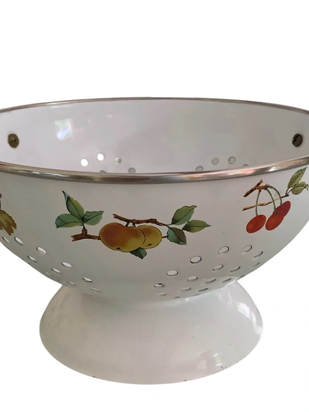 Vintage White Enamel stand Alone Colander with Brass Handles